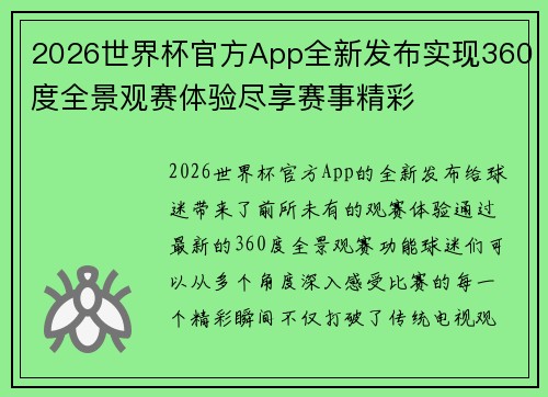 2026世界杯官方App全新发布实现360度全景观赛体验尽享赛事精彩