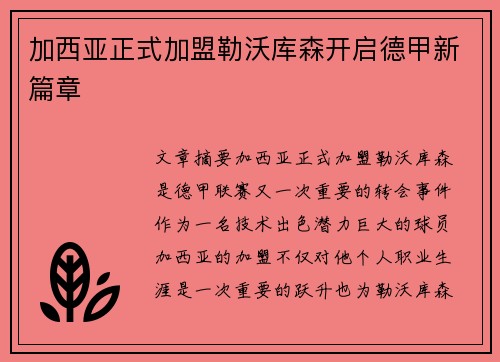 加西亚正式加盟勒沃库森开启德甲新篇章