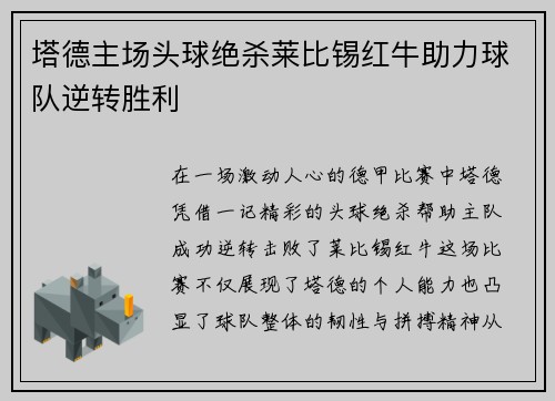 塔德主场头球绝杀莱比锡红牛助力球队逆转胜利
