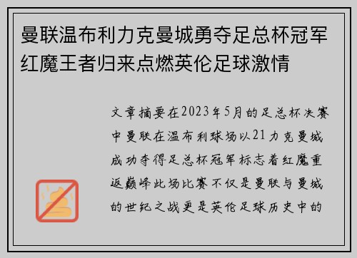 曼联温布利力克曼城勇夺足总杯冠军红魔王者归来点燃英伦足球激情