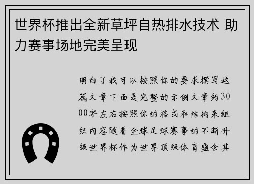 世界杯推出全新草坪自热排水技术 助力赛事场地完美呈现